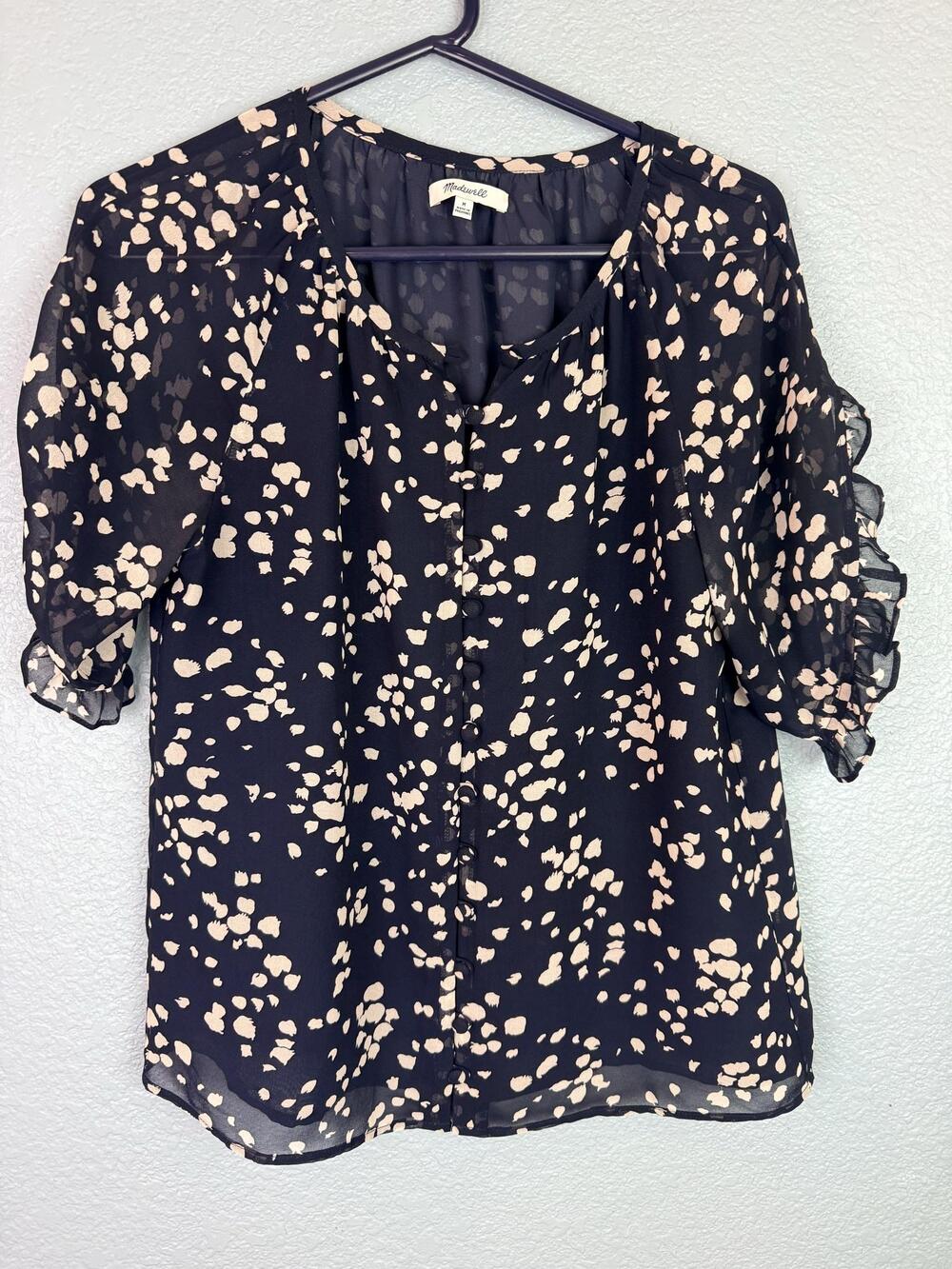 Madewell Blouse Womens Medium Navy Animal Print V Neck Puff Sleeve Sheer Top